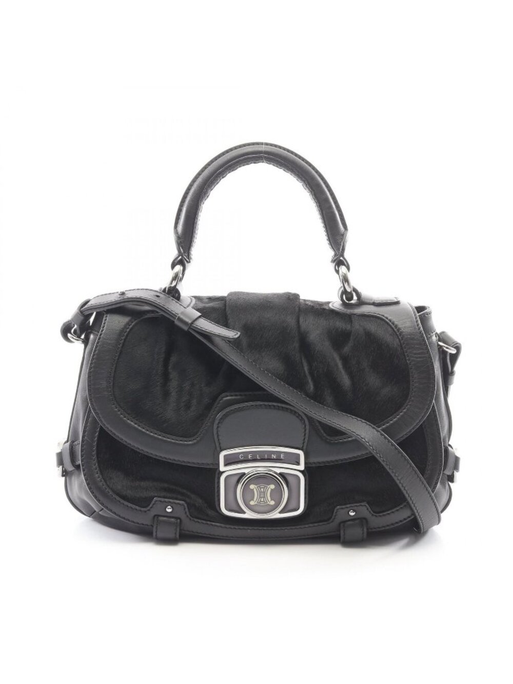 Celine Handbag 2-Way Black Leather Calf Hair